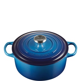 Le Creuset Signature Cast Iron Round Casserole 24cm in blue with stainless steel knob and integral side handles