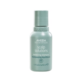 AVEDA Scalp Solutions Balancing Shampoo 50ml travel-size bottle in sage green with white brand lettering