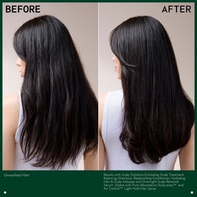 Before and after split shot showing AVEDA Scalp Solutions Balancing Shampoo results on dark hair, with improved shine and smoothness after use