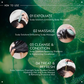AVEDA Scalp Solutions Balancing Shampoo featured in a 4-step how-to-use routine guide showing exfoliate, massage, cleanse and treat steps
