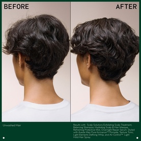 Before and after side-by-side showing results of AVEDA Scalp Solutions Balancing Shampoo on short dark curly hair, visibly more defined after use