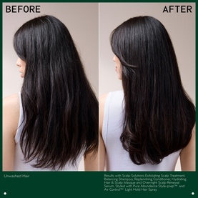 AVEDA Scalp Solutions Replenishing Conditioner before and after comparison showing improved shine and smoothness on long dark hair
