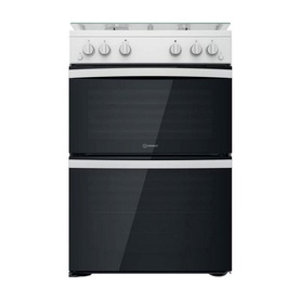 Indesit Gas Freestanding Double Cooker 60cm in white with two black oven doors and five top burner controls
