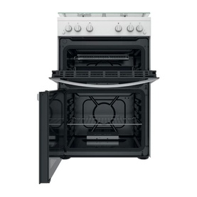 Indesit white 60cm freestanding gas double cooker, front view with both oven doors open showing interior racks and gas burner hob