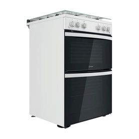 Indesit white 60cm freestanding gas double cooker with black glass oven doors, four gas hobs, and silver handle detailing