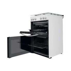 Indesit white 60cm freestanding gas double cooker with both oven doors open, showing interior racks and grill compartment