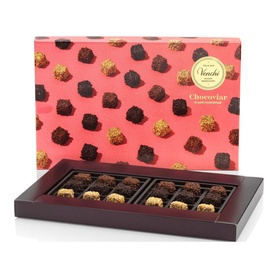 Venchi Gift Box With Assorted Chocoviar Mini Pralines 250g, pink floral lid open revealing 18 assorted mini chocolate pralines