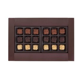 Venchi Gift Box With Assorted Chocoviar Mini Pralines 250g, dark brown box with 18 assorted mini chocolate pralines in dark and gold toppings
