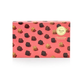 Venchi Gift Box With Assorted Chocoviar Mini Pralines 250g, coral pink box with scattered chocolate print, 18 mini pralines