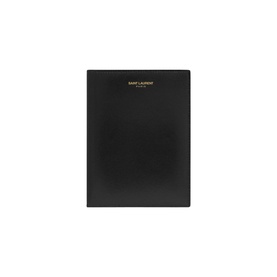 Saint Laurent Lacquered Leather Passport Case in black calf leather with gold-tone brand lettering, card slots interior