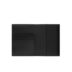Saint Laurent Lacquered Leather Passport Case in black calf leather, open view showing multiple card slots and interior layout