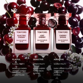 TOM FORD Electric Cherry Eau de Parfum 50ml alongside Lost Cherry and Cherry Smoke EDPs, styled with fresh cherries and red botanicals