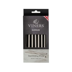 Kilner Barware 6 Piece Short Steel Drinking Straws in silver, shown in product packaging box, set of 6 reusable metal straws