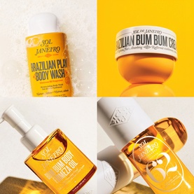 Sol De Janeiro Brazilian Crush Cheirosa 62 Perfume Mist shown in a four-panel flatlay with Brazilian Bum Bum Cream, body wash, and body oil