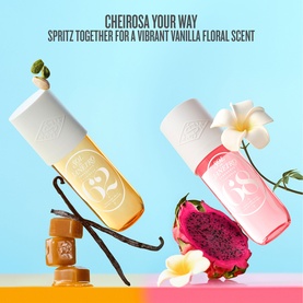 Sol De Janeiro Brazilian Crush Cheirosa 62 Perfume Mist duo in yellow and pink spray bottles styled with vanilla and dragon fruit botanicals