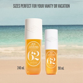 Sol De Janeiro Brazilian Crush Cheirosa 62 Perfume Mist in 240ml and 90ml sizes displayed on a beach background.