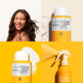 Sol De Janeiro Brazilian Joia Strengthening + Smoothing Shampoo shown in a four-panel image with matching conditioner and leave-in spray on yellow