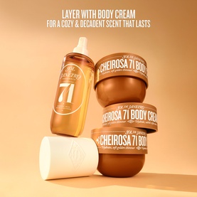 Sol De Janeiro Brazilian Crush Cheirosa 71 Perfume Mist shown with two Cheirosa 71 Body Cream pots in warm tan packaging on beige background