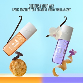 Sol De Janeiro Brazilian Crush Cheirosa Perfume Mists in orange and purple bottles styled with vanilla, cookie and orchid accents for woody vanilla
