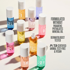 Sol De Janeiro Brazilian Crush Cheirosa 71 Perfume Mist shown alongside full range of colourful numbered mist bottles, formulated without parabens