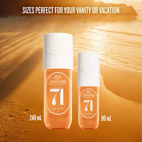 Sol de Janeiro Brazilian Crush Cheirosa 71 Perfume Mist in 240ml and 90ml sizes against a warm sandy beach backdrop.