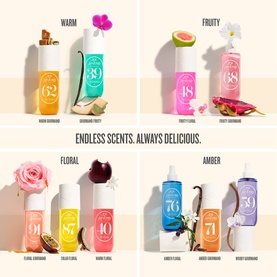 Sol De Janeiro Brazilian Crush Cheirosa Body Mist collection showing Warm, Fruity, Floral and Amber scent families with numbered bottles