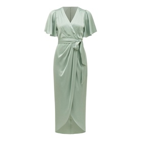 Forever New Carolina Satin Midi Dress in grey with V-neck, fluted sleeves, wrap bodice, tie waist, and tulip skirt