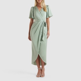 Model wearing Forever New Carolina Satin Midi Dress in grey with fluted sleeves, V-neck wrap bodice, tie waist and tulip skirt
