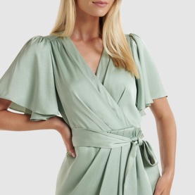 Model wearing Forever New Carolina Satin Midi Dress in grey with flutter sleeves, V-neck wrap bodice and tie-waist detail