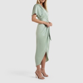 Model wearing Forever New Carolina Satin Midi Dress in grey, featuring flutter sleeves, V-neck wrap bodice, tie waist and tulip skirt