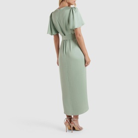 Model wearing Forever New Carolina Satin Midi Dress in grey, back view, short fluted sleeves, tie waist detail, styled with nude heeled sandals