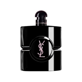 YSL Black Opium Le Parfum in a glossy black bottle with gold YSL logo and dark rounded cap