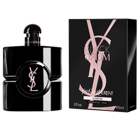 YSL Black Opium Le Parfum 90ml bottle in black with gold YSL logo, shown alongside its black and pink product box.