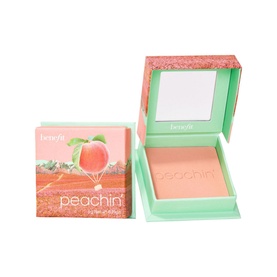 Benefit Bronze Blush in Peach, compact blusher with mirror, peachin' peach-illustrated packaging, open box showing pressed powder