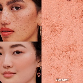 Benefit Bronze Blush in Peach shade swatch alongside two model close-ups showing warm peachy blush applied to cheeks