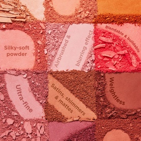 Benefit Bronze Blush in Peach, close-up of powder palette showing silky-soft, ultra-fine, blendable shimmers and mattes in warm peach and bronzed