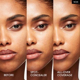 MAC Studio Fix Every-Wear All-Over Face Pen before, spot-concealer, and all-over coverage comparison on model, shade NC45