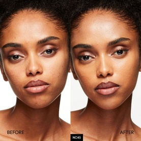 MAC Studio Fix Every-Wear All-Over Face Pen before and after comparison on model, shade NC45, showing concealer coverage and skin-evening effect