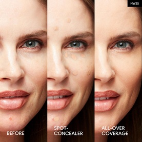 MAC Studio Fix Every-Wear All-Over Face Pen NW25 before, spot-concealer, and all-over coverage application on model's skin