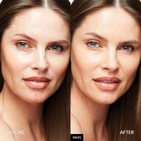 Model with MAC Studio Fix Every-Wear All-Over Face Pen, before and after comparison showing coverage in shade NW25