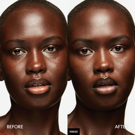 MAC Studio Fix Every-Wear All-Over Face Pen before and after application on deep skin tone, showing enhanced coverage and radiant finish