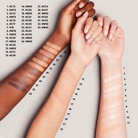MAC Studio Fix Every-Wear All-Over Face Pen shade swatches across multiple skin tones, showing 33 numbered shades from fair to deep