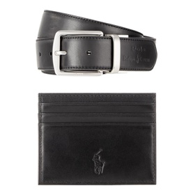 Ralph Lauren Foil Logo Belt & Cardholder Gift Set in black leather, silver-tone buckle, logo-embossed cardholder