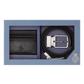 Ralph Lauren Foil Logo Belt & Cardholder Gift Set in black leather, presented in blue gift box with silver-buckle belt and logo cardholder