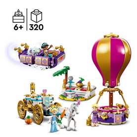 Lego Princess Enchanted Journey set with 320 pieces, featuring a hot air balloon, Cinderella's carriage, and Jasmine's magic carpet scenes