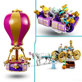 Lego Princess Enchanted Journey set showing hot air balloon, flying carpet ride, and Cinderella's carriage builds with mini figures, 320 pieces