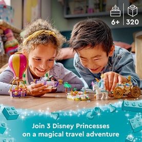 LEGO Princess Enchanted Journey, 320-piece Disney building set, shown with two children playing, featuring hot air balloon and carriage builds