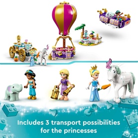 Lego Disney Princess Enchanted Journey set with 320 pieces, featuring princess minifigures, hot air balloon, carriage, and unicorn builds