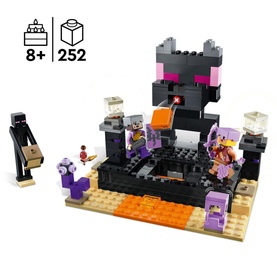 Lego Minecraft The End Arena set with 252 pieces, featuring Enderman, arena build with purple and orange details, and mini figures
