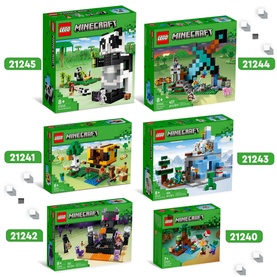Lego Minecraft The End Arena multi-coloured set, shown alongside five other Minecraft sets including The Panda Haven and The Waterfall